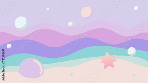 Pastel landscape with spheres and star illustration on transparent background