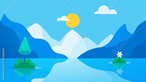 Landscape with mountains sun water and vegetation on transparent background