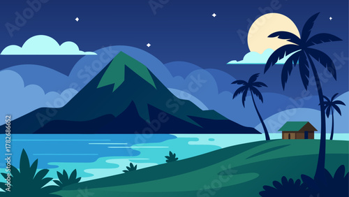 Night landscape with mountain and palm trees view on transparent background