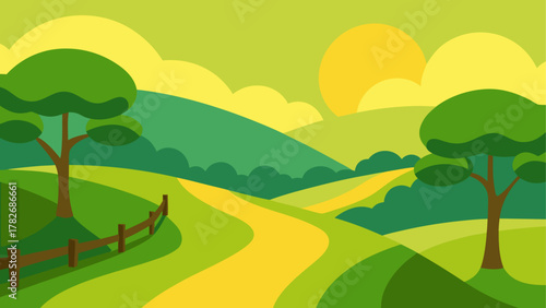 Cartoon landscape with trees and winding road view on transparent background