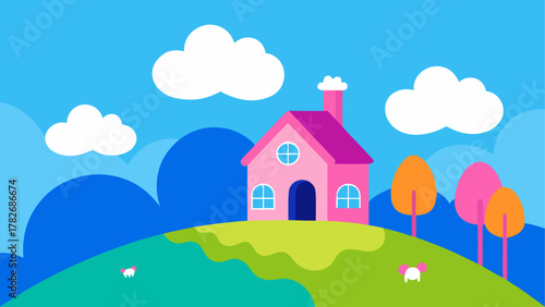 Cartoon house on a hill with trees and blue sky on transparent background