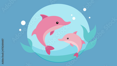 Two pink dolphins swimming in a blue water scene on transparent background