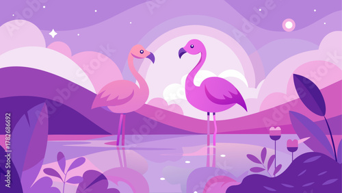 Two flamingos standing in water with purple sky on transparent background