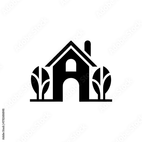Illustration of a house with trees and a chimney icon on transparent background