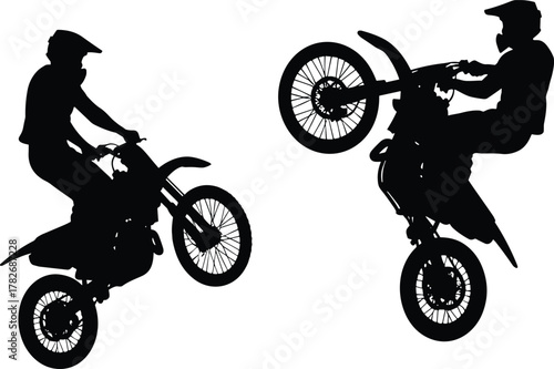 Silhouette illustration of motocross riders performing stunts and wheelies on dirt bikes, extreme sport vector art for adventure, racing, and outdoor activity concepts