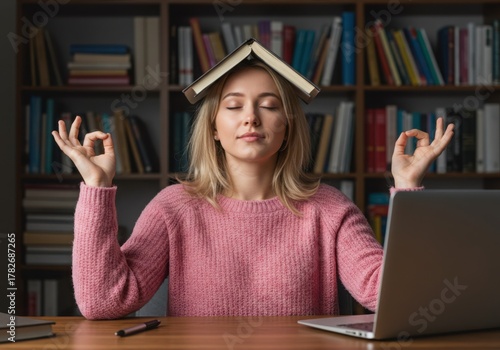 Woman meditating with book on head in front of laptop and bookshelf at home
