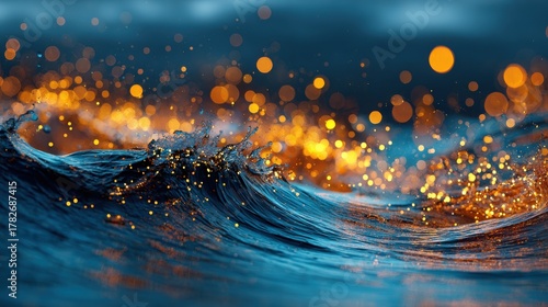 Fototapeta Naklejka Na Ścianę i Meble -  Coastal power generation: turbulent sea waves illuminated with warm amber bokeh lights against deep blue water and twilight sky
