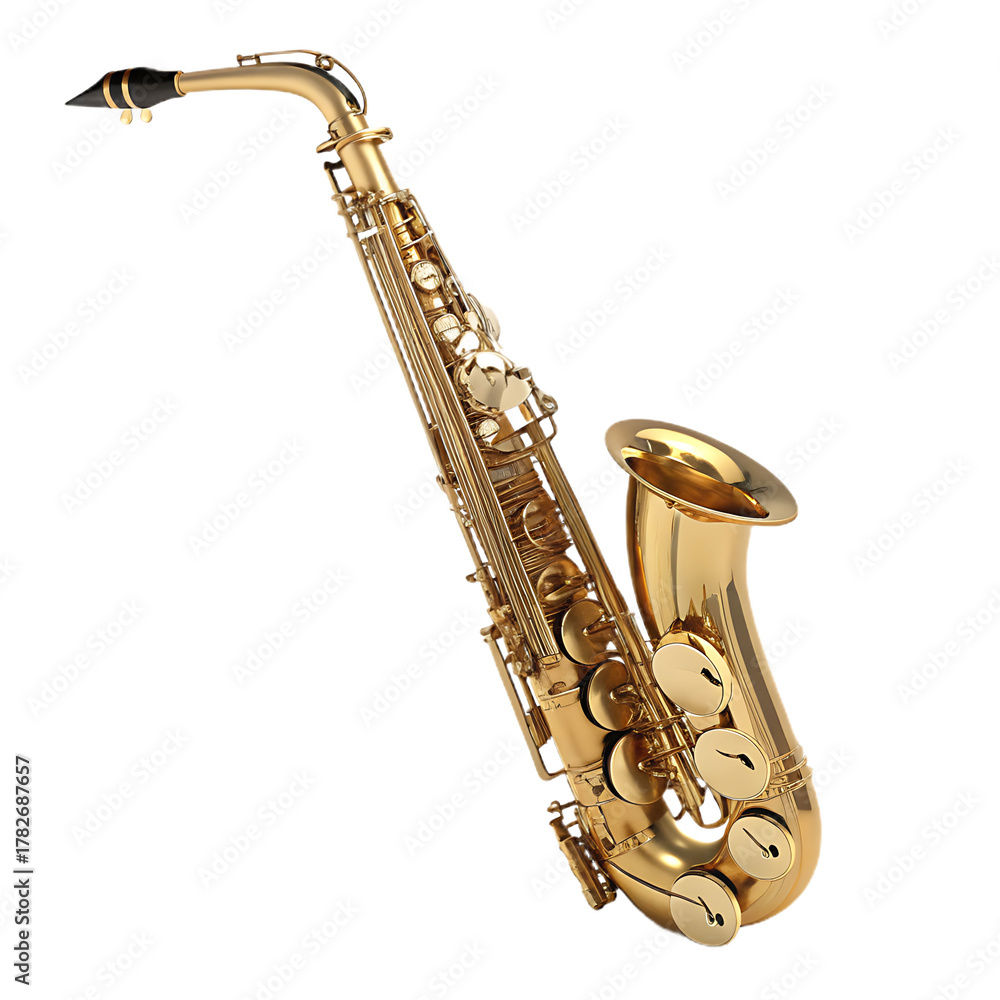 Naklejka premium A golden saxophone instrument with keys and mouthpiece isolated on a black background in a studio shot