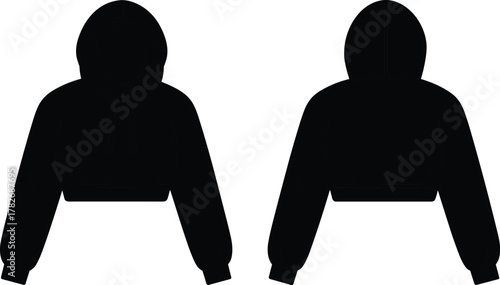 Black cropped hoodie front back view, fashion flat sketch, drawstring hood template, clothing design, cad drawing flat vector illustration