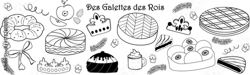 Hand drawn  illustration set. Black and white line art of Galette des Rois with crowns, cakes, festive decorations in doodle sketch style. Minimalist line art. Drawing ink. French Epiphany celebration