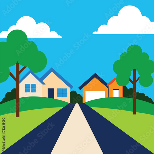 Simple cartoon illustration of a suburban street with houses