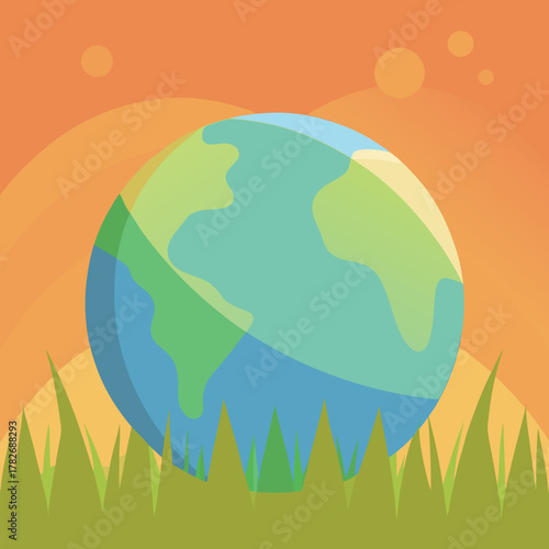 Stylized Earth Globe on Green Grass at Sunset planet