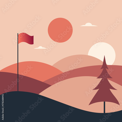 Stylized golf hole and flag with abstract hills at dawn