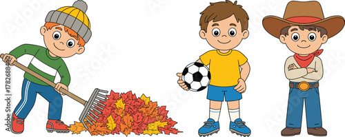 Cartoon boys illustration, autumn leaves raking, soccer player child, cowboy costume, kids activity, vector art, playful scene, white background