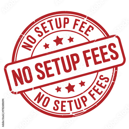 Red stamp graphic announcing no setup fees with stars and circles