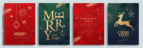 Luxury Christmas vector illustration with golden Christmas elements on red and green background. Season's greeting design for banner, poster, cover, greeting card.

