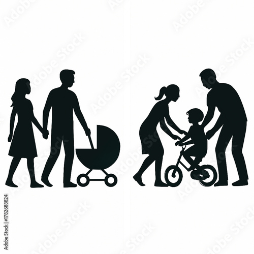 Family walking with baby stroller silhouettes