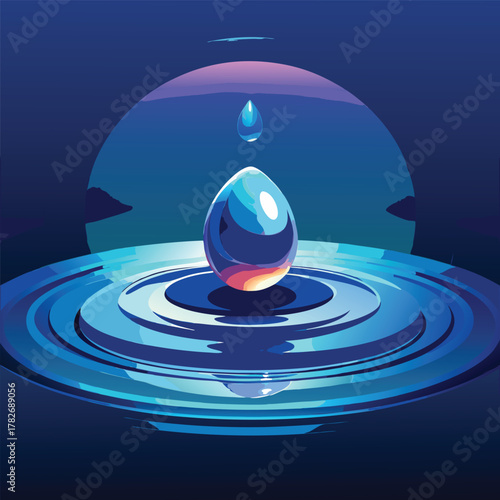 Water drop suspended above rippling blue water at dusk