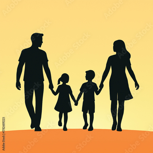 Happy family silhouettes walking together holding hands, sunset