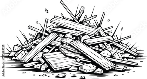 Wood Debris Pile Illustration Broken Planks and Rubble