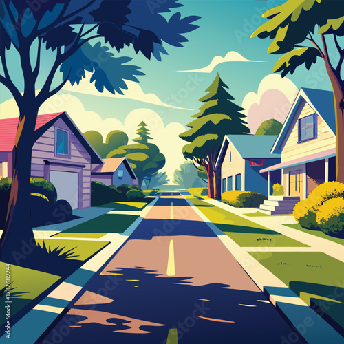 Residential Street with Houses and Trees on a Sunny Day