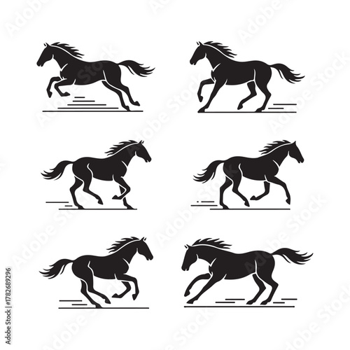 Set of running horse silhouettes animation frames isolated on white background.