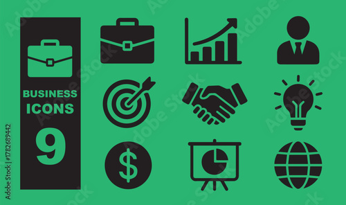 Essential Business Vector Icon Set - 9 Solid Glyphs for Finance, Corporate Strategy, Growth, and Global Management