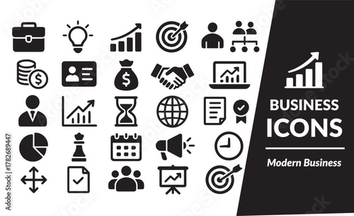Modern Business Vector Icon Set - Solid Glyphs for Finance, Corporate Strategy, Management, and Startup Success