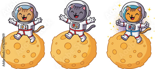 Cute cartoon astronaut cat sitting on moon, happy space exploration illustration with stars, adorable cosmic animal art design
