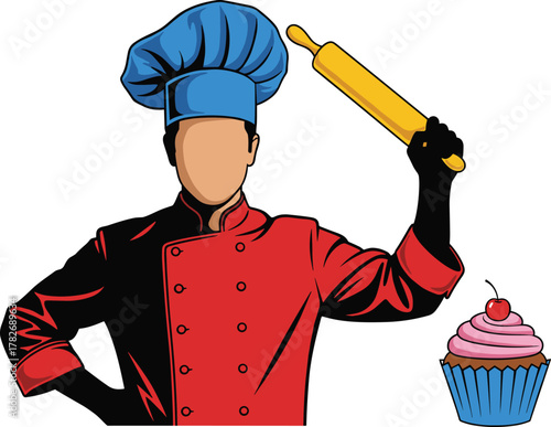 Professional pastry chef illustration in red uniform and blue hat holding rolling pin, cupcake with cherry, bakery dessert art