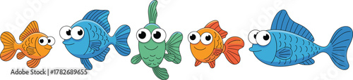 Cute cartoon aquarium fish collection with big eyes, colorful marine animals, flat vector clipart set for kids learning and nursery decoration