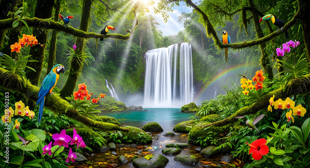 Fototapeta premium Tropical rainforest waterfall paradise jungle birds flowers vibrant nature scenic beauty tranquil scene