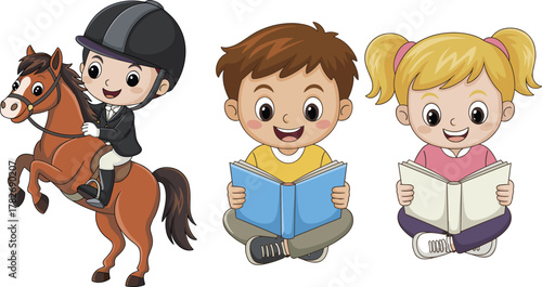 Cartoon children activities, horse riding child, kids reading books, educational and recreational balance, vector art, pony rearing, white background