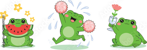 Cute cartoon frog characters in flat kawaii style holding watermelon pom-poms and flower, joyful spring amphibian illustration set for kids design and stickers