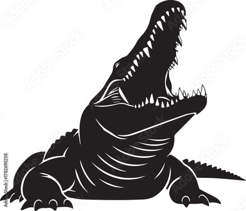 Fierce alligator silhouette ready to strike with open jaws dynamic reptile art