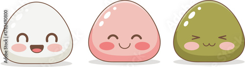 Cute Mochi Characters with Expressive Faces in Pastel Colors for Kawaii Design, Food Mascot, Asian Dessert Art, and Vector Illustration