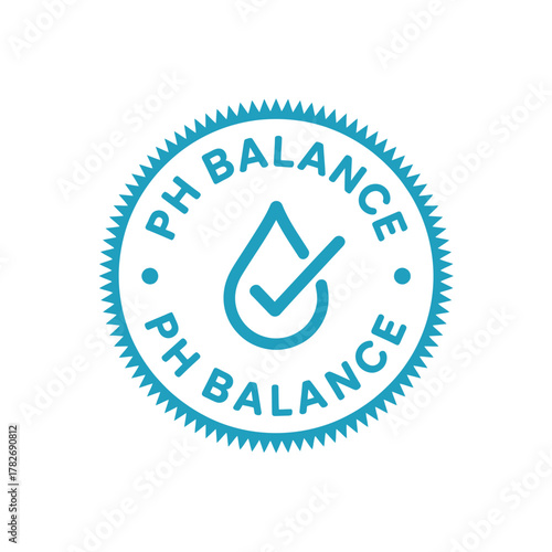 Circular stamp graphic symbolizing ph balance with water drop and check mark
