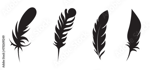 A set of six black feather illustrations arranged on a white background in a symmetrical pattern