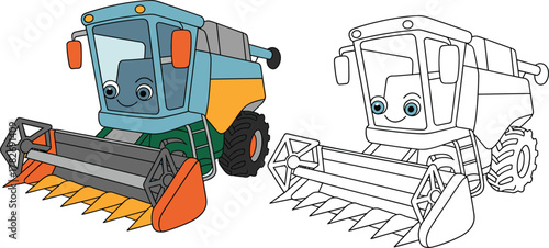 Cute smiling farm harvester cartoon in colored and outline version for kids coloring book educational agriculture vehicle vector illustration isolated on white