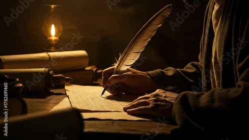 Ancient man writing with quill pen on parchment paper by lantern light. Historian copying document for biblical literature.