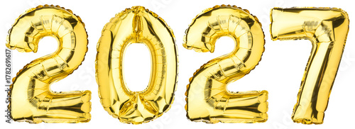 2027 Happy New Year celebration. Helium balloon. Golden Yellow foil color. Numbers Two 2, seven 7, Zero 0. Good for Party, greeting card, Advertising, Anniversary. Christmas 2027. Isolated background