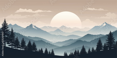 Sunrise mountain landscape with fog and clouds, a peaceful view of nature's beauty