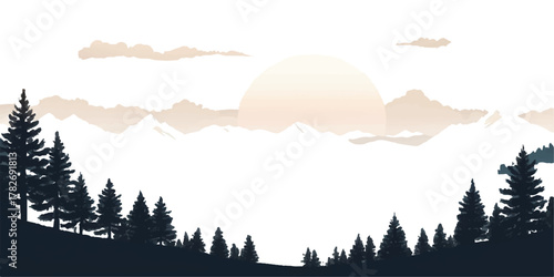 🌄 Stunning sunset landscape of mountains and clouds, with warm light painting the sky and a serene forest below