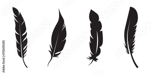 Elegant black feather silhouette set. Vector of feather icons collection. Black feather silhouette set in various shapes.