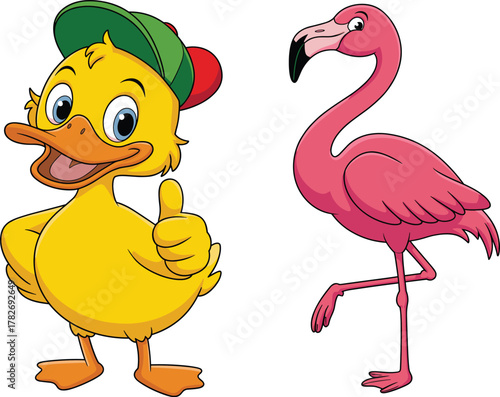 Cartoon duck and flamingo, colorful animals, kids illustration, tropical bird, thumbs up duck, pink flamingo, white background, cheerful pose