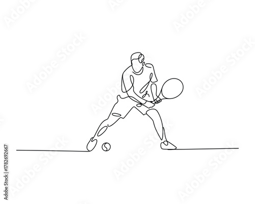 Single line drawing of tennis player hitting ball sport