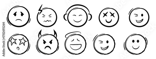 Hand drawn doodle emoticons set. Chalk or marker style faces with various expressions isolated on transparent  Marker style faces with various expressions isolated on white background 