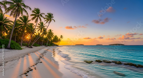 Tropical beach sunset palm trees ocean sand island paradise vacation travel destination scenic beauty relax