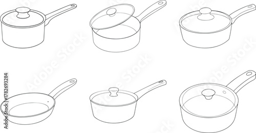 Cooking pots and pans collection. outline icons for kitchen design. Vector kitchenware set. Saucepan, stockpot illustration for cooking concept