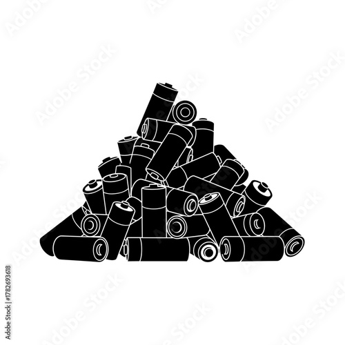 Pile of used black batteries stacked in various orientations  